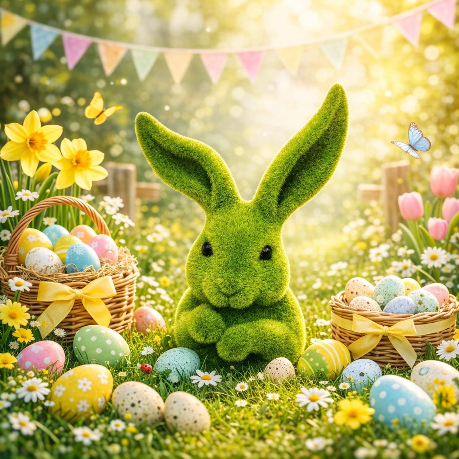 1 Pcs Faux Moss Flocking Rabbits Head Figurine, Easter Bunny Figurines, Cute Standing Flocking Rabbit Desk Ornament Bunny Statue Home Decor Table Centerpiece