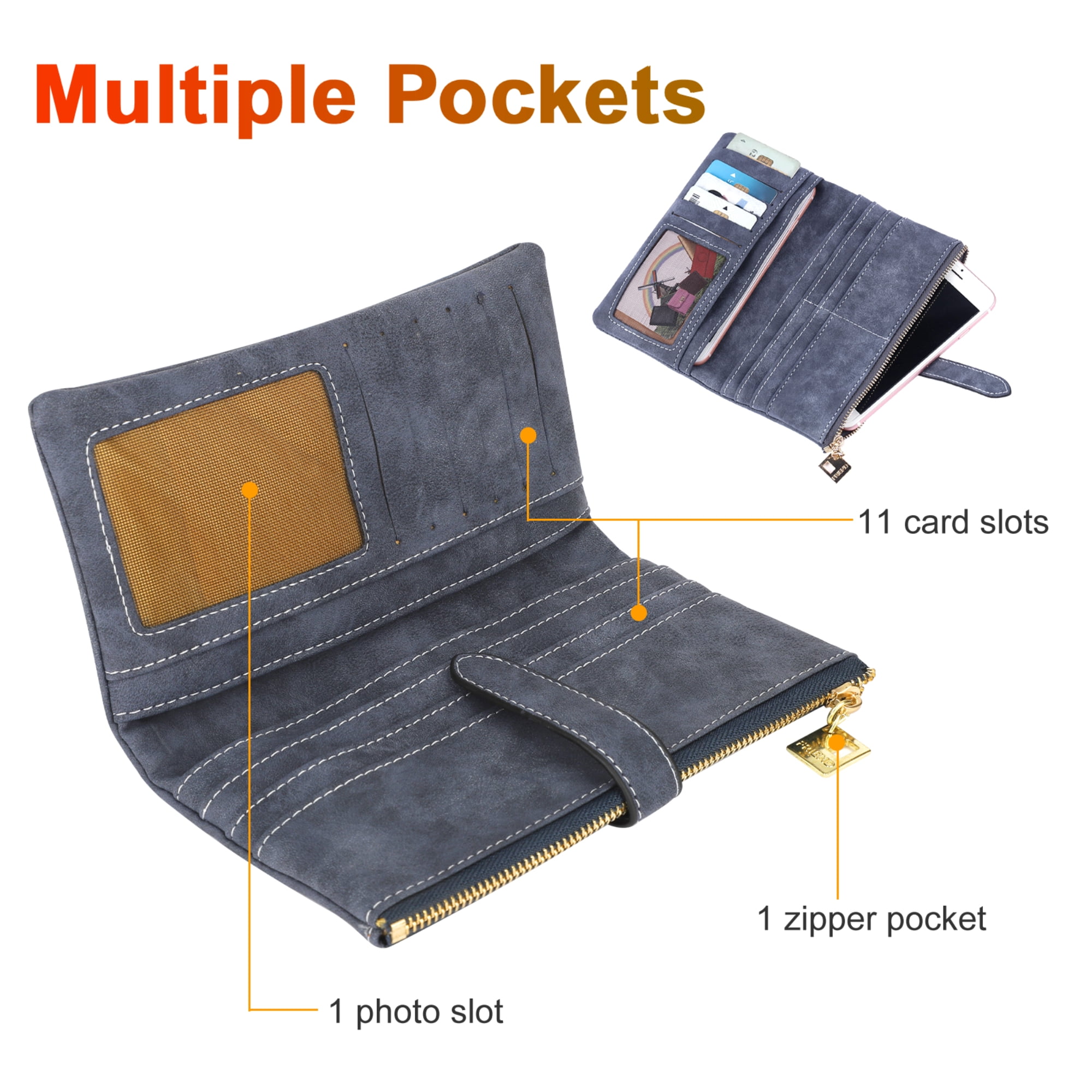 EEEkit PU Leather Wallet for Women, Large Capacity Long Clutch, Card  Holder, Bifold Ladies Phone Purse, Black/Blue