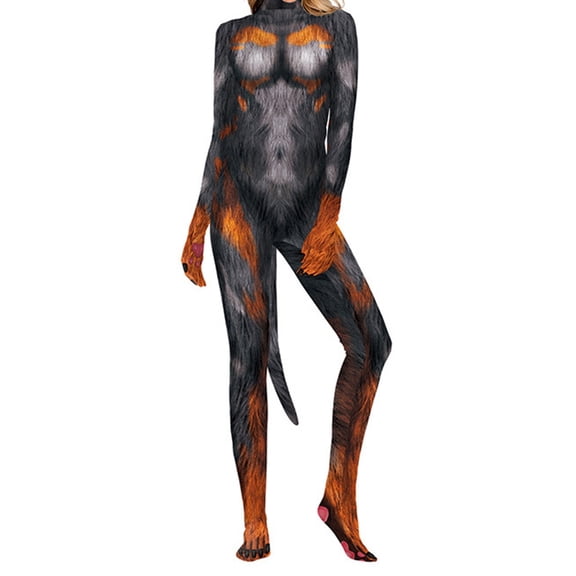BOOMNY Halloween Womens Animal Bodysuit Hallowmas Animal Graphic Long Sleeve Catsuit Playful Stage Performance Fullbody Jumpsuit