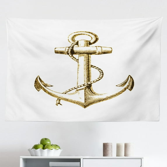 Nautical Tapestry, Sea Graphic with Grunge Distressed Diagonal Forms and Stripes Marine Nautical, Fabric Wall Hanging Decor for Bedroom Living Room Dorm, 2 Sizes, Beige Red Blue, by Ambesonne