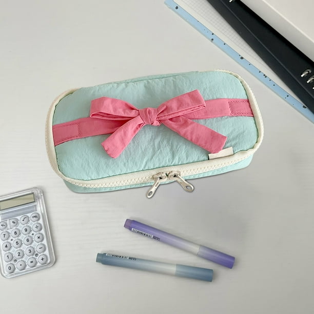 Estuche de lápices suave de estilo caramelo para niñas, bolsa de almacenamiento de papelería con lazo, estuche vertical de gran valor