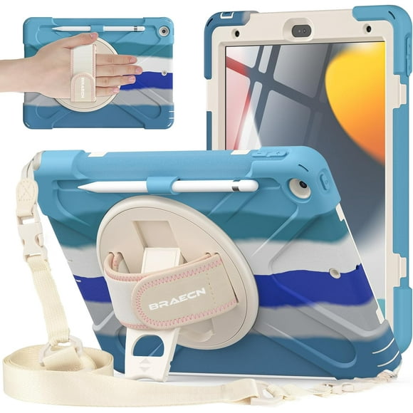 for Apple iPad 9th 8th 7th Generation Case 10.2 inch 2021 2020 2019 with Screen Protector Rotating Hand Strap + Stand Pen Holder Shockproof Protective iPad 10.2 Kids Cover - Colorful Blue