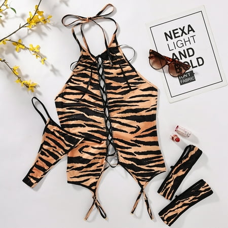 Generic Lace Halter Spaghetti Straps Role Play Sexy Leopard Print Bandage Binding Stitching Garter Sexy Lingerie 27280