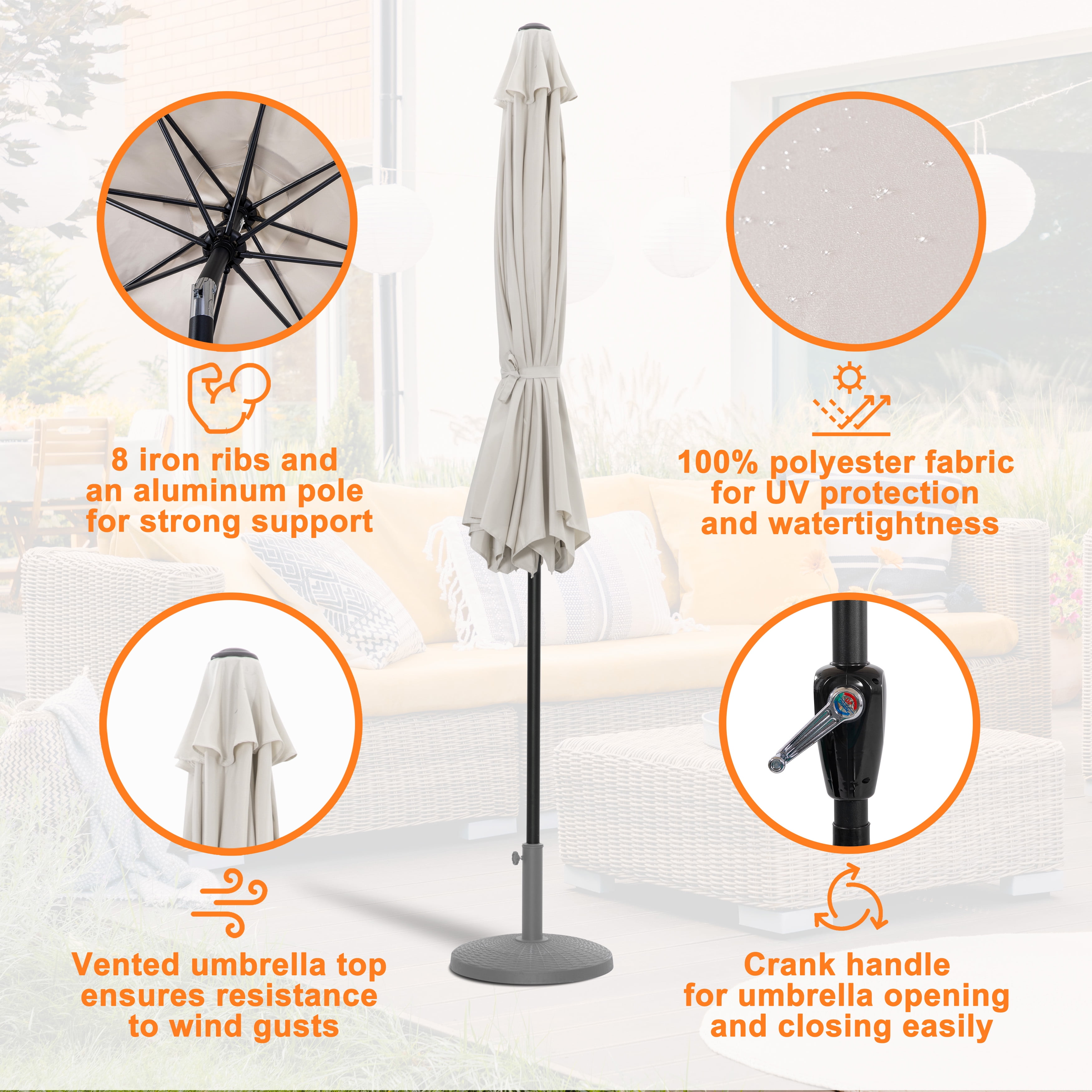Nuu Garden 8 ft Outdoor Aluminum Patio Umbrella, Outdoor Table Umbrella with 8 Sturdy Ribs Patio Umbrella with Push Button Tilt and Crank