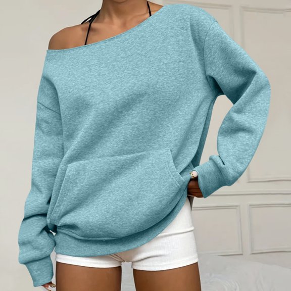 Women's Oversized Off Shoulder Long Sleeve Pullover Sweatshirt Soft Slouchy Casual Fall Winter Tops with Kangaroo Pocket Sky Blue 2XL
