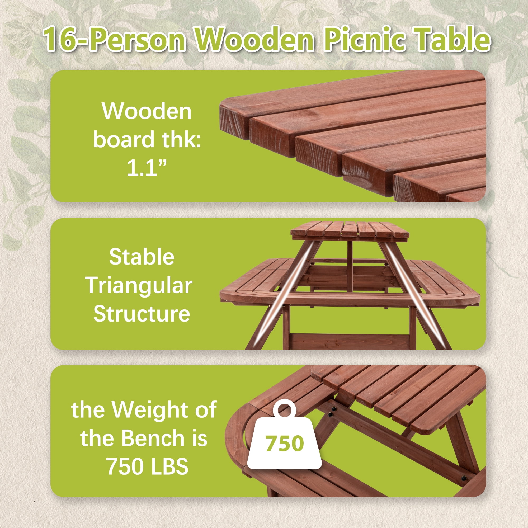 Wooden Picnic Table Bench Set for 14-16 Persons,Large Outdoor Rectangle Picnic Table with Umbrella Hole for Patio,Garden,Backyard