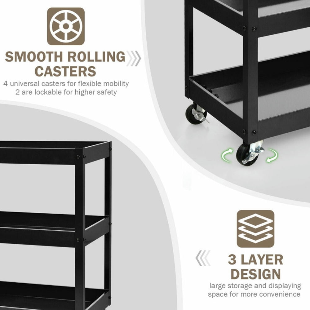 Finihen Rolling Cart, Kitchen Island Cart, 3-Tier Utility Cart Metal Storage Service Trolley, for Kitchen, Dining Room, Black Finihen Rolling Cart, Kitchen Island Cart, 3-Tier Utility Cart Metal Storage Service Trolley, for Kitchen, Dining Room, Black
