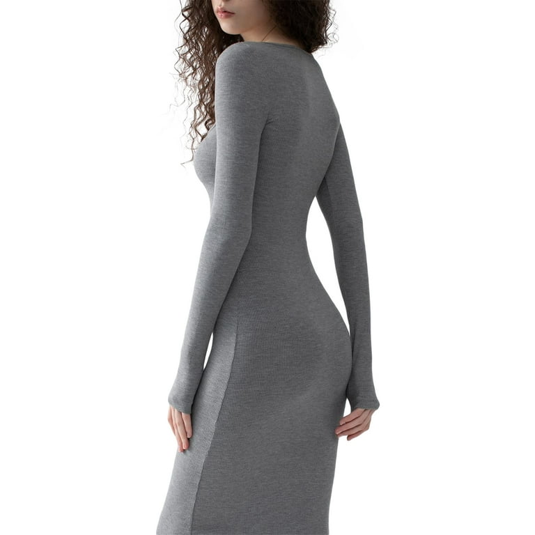 NEWALRIN☆Slim square neck long knit dress Women's Square Neck Ribbed Maxi Dress Long Sleeve Bodycon