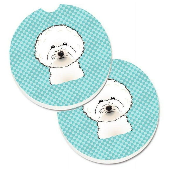 Checkerboard Blue Bichon Frise Set of 2 Cup Holder Car Coaster