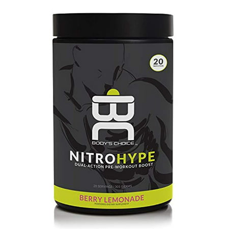 Body's Choice, NitroHype Dual-Action Pre-Workout Boost – Increase Stamina, Endurance, Focus and Drive – Sustained Fitness Supplement for Men and Women – (305g Powder, 20 Servings) Berry