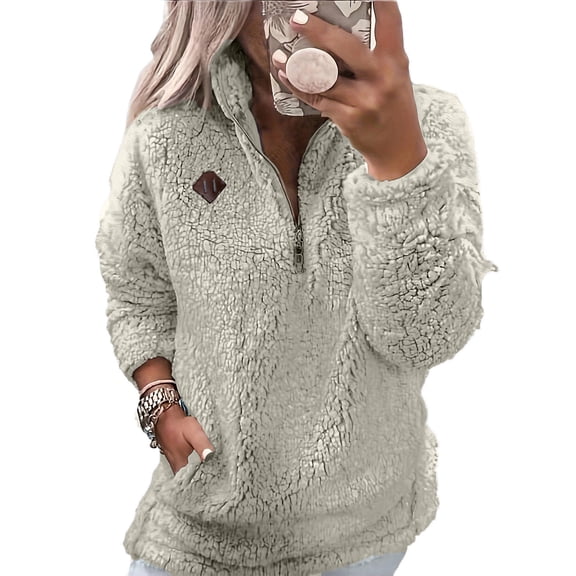 Quarter-Zip Pullover, Women Sherpa Fleece Jacket, Soft Half Zip Sweatshirt with Pocket, Cozy Soft Fluffy Sweaters, Comfortable Versatile Cloth, Must-have for Home Daily Use, Beige L