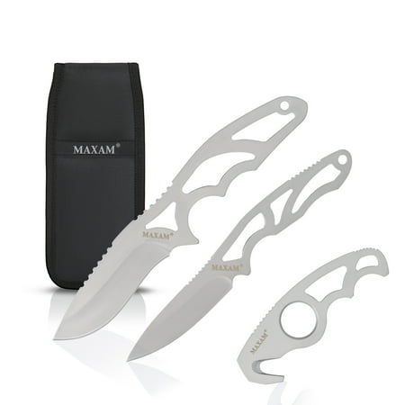 Maxam 3-Piece Field Dressing Kit - 8 Skinning Knife 6 3/4 Caping Knife 5 Gut Hook Knife 1680d Nylon Sheath with Storage Pocket - Stainless Steel Handles & Blades
