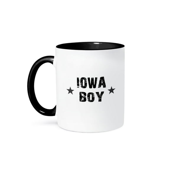 3dRose, Iowa Boy - home state pride - USA - United States of America - black and white text and stars, 15oz Two-Tone Black Mug