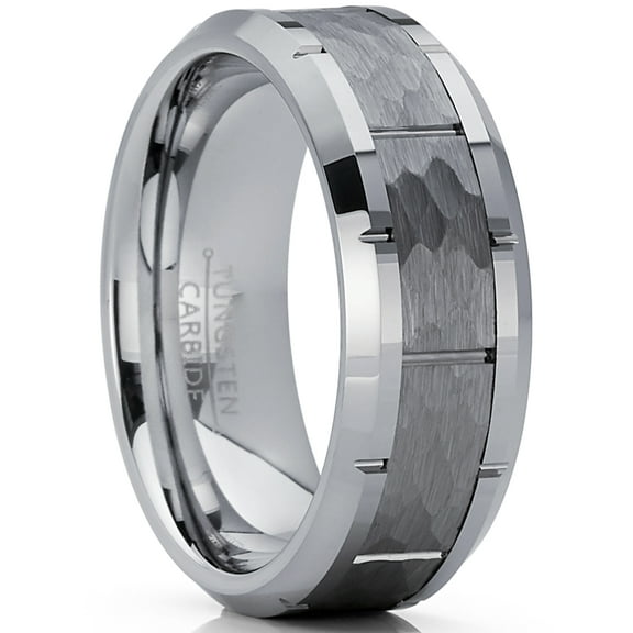 Men's Hammered Grooved Tungsten Carbide Wedding Band Ring, 8mm Comfort