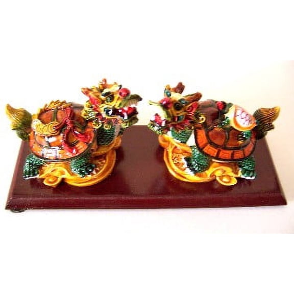 Pair of Colorful Dragon Turtles on Wooden Like Stand
