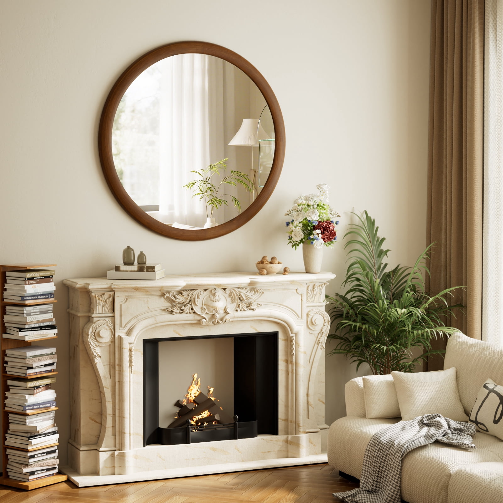 Easy4Home 24" x 24" Round Bathroom Mirror Wall Decor with Wooden Frame, Walnut