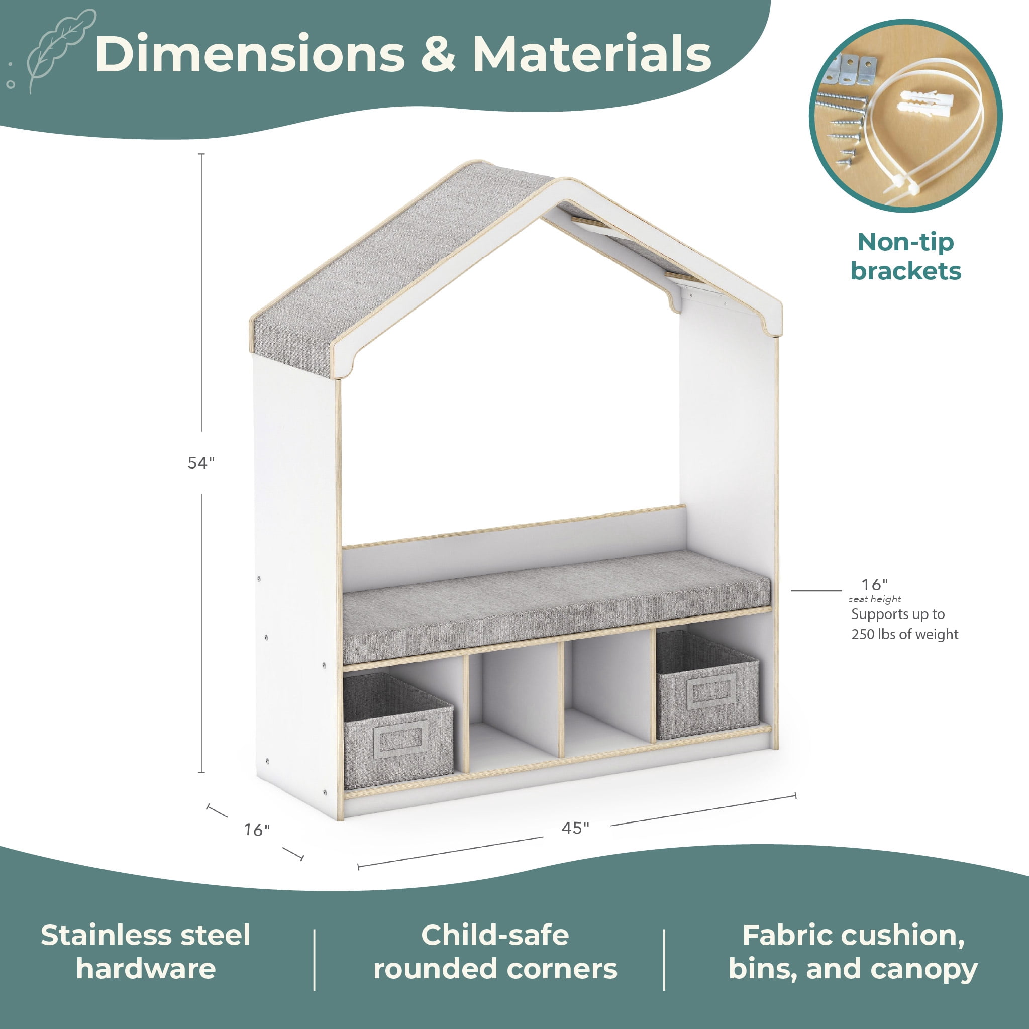 Guidecraft EdQ Kids' Reading Nook - White: Children's Bookshelf Storage Bench with Cubbies and Bins