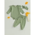 thumbnail image 2 of Arvbitana Infant Baby Girls Casual Pants Sets Solid Color Ruffle Long Sleeve Romper + Bow Decor Pants + Bow Headband 3Pcs Autumn Outfits Newborn Clothes 3M 6M 9M 12M 18M, 2 of 8