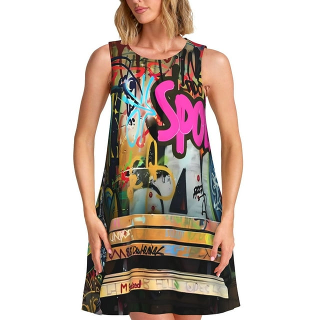 Fotbe Graffiti Lamp Urban Scene Vestido de Verano sin Mangas para Mujer – Vestido Midi Línea A, Estilo Camiseta Floral, Vestido Playero Casual y Fluido