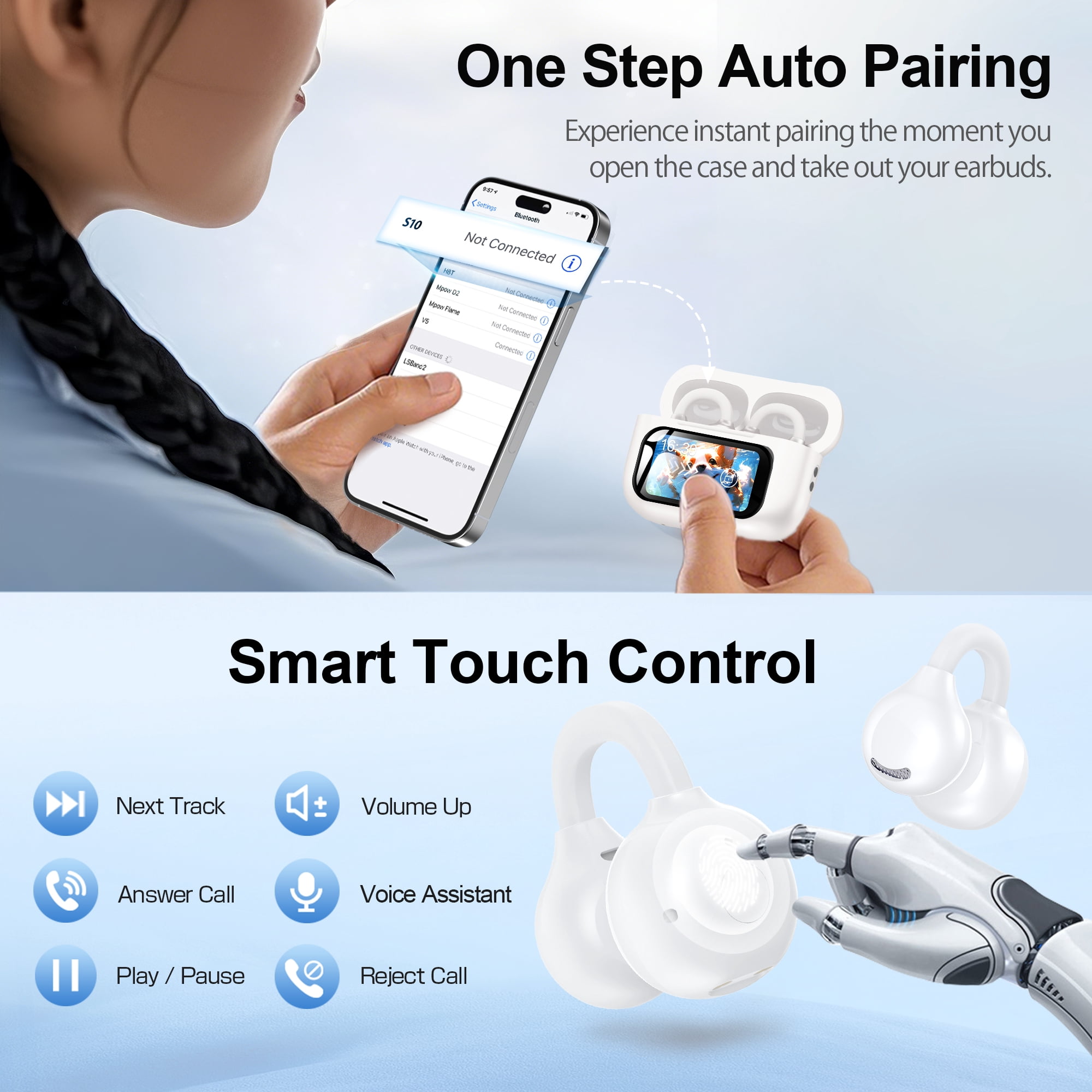 Open-Ear Headphones, Wireless Clip On Earbuds with Touch Screen Charging Case 60H Playtime, Bluetooth 6.0, IPX7 Waterproof, Lightweight Comfort, Stable Fit, Open-Ear Safety Design for Workout/Running