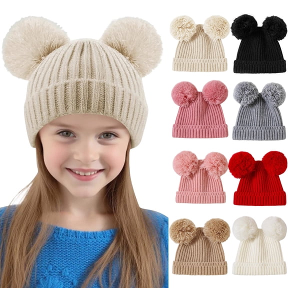 Lispipm Kids Winter Beanie Double Pompoms Children’s Warm Knitted Hats Girls Warm Cap for Skiing Sports Black 0-12 Months