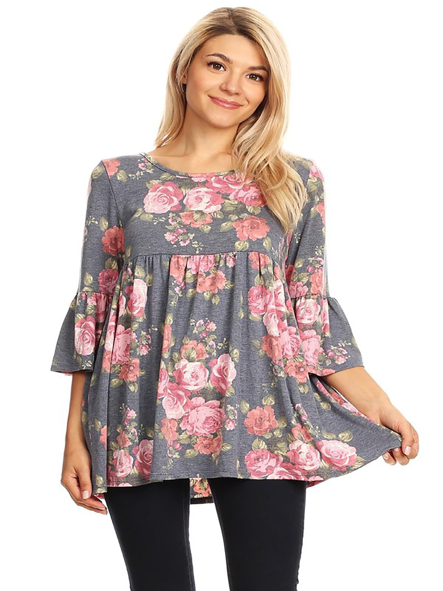 MOA COLLECTION Women's Solid Floral Print Casual 3/4 Bell Sleeve Pleats ...