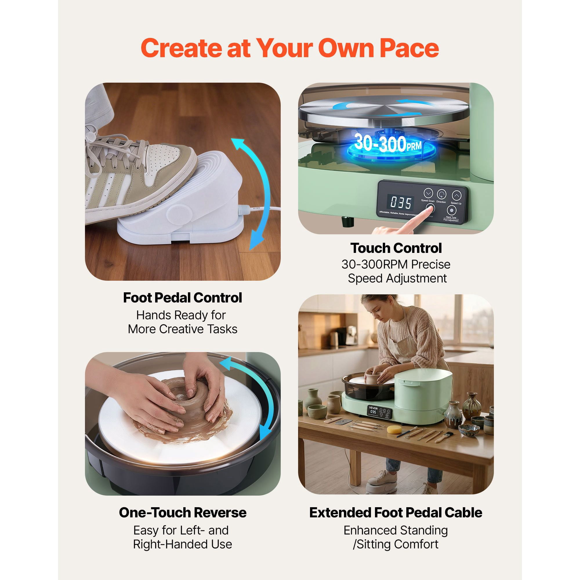 11-Inch Pottery Wheel, 450W Electric with Foot Pedal, 30-300 RPM Speed, Aluminum Body, for Beginners DIY, Green