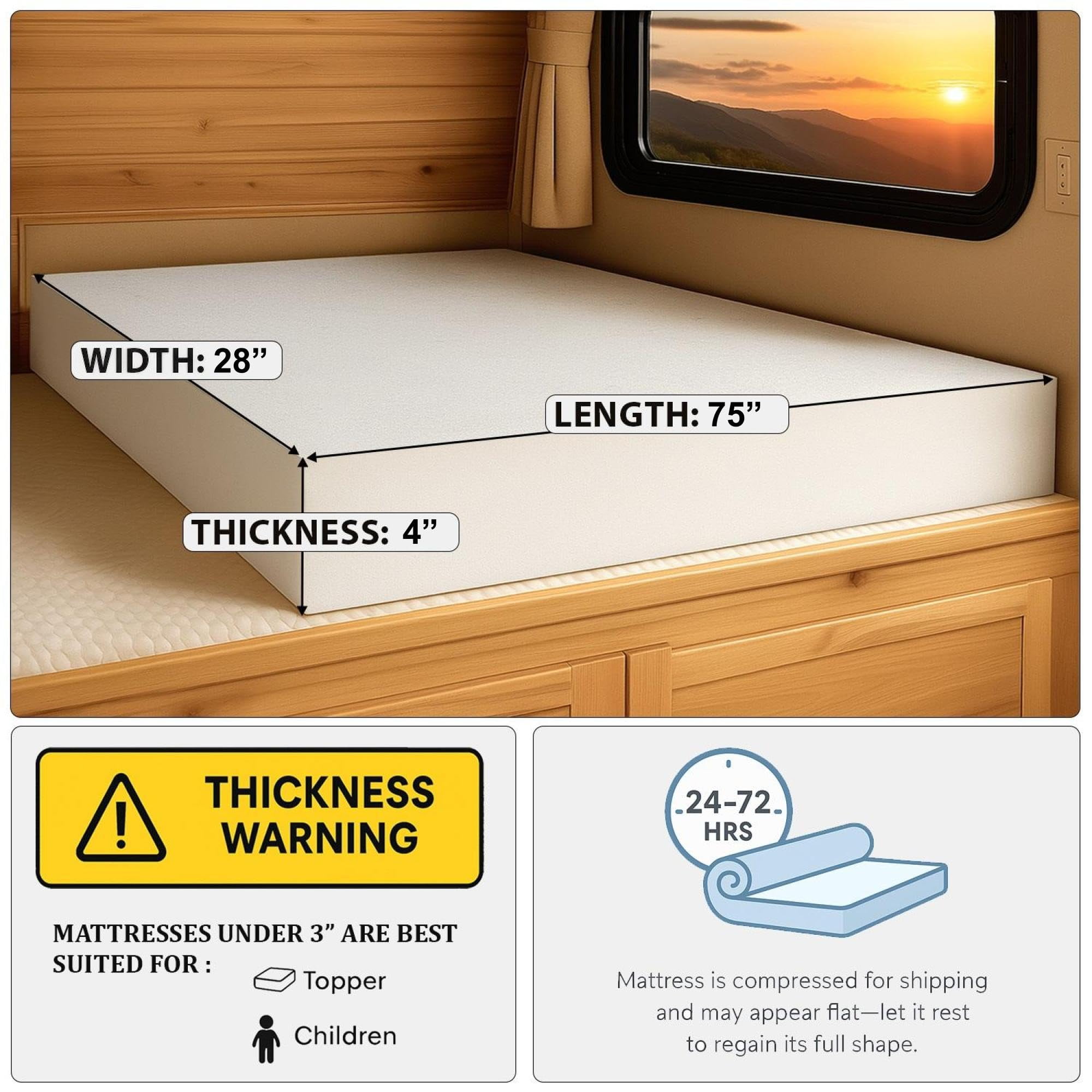 Foamma 4" x 28" x 75" High Density RV Bunk Mattress Foam Replacement Topper for Camper, Truck, Travel Trailer, Firm, CertiPUR-US Certified, Made in USA, Cover Not Included