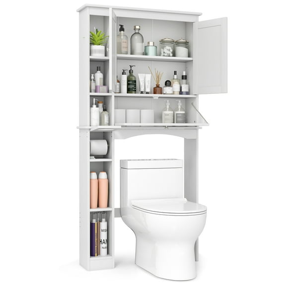 Costway Over the Toilet Storage Cabinet Bathroom Storage Organizer with Toilet Paper Holder White