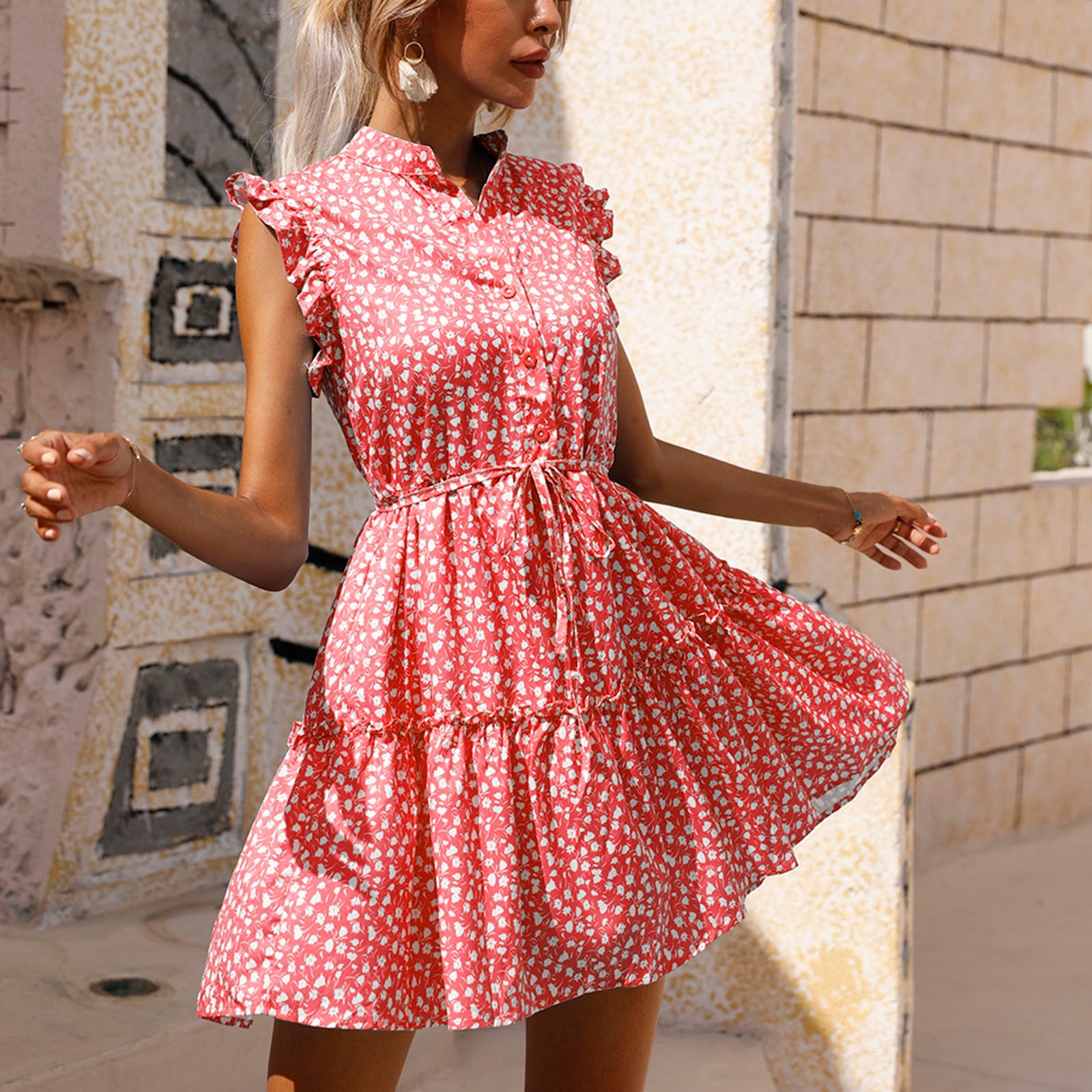 symoid Juniors Dresses- Summer Print Dress Short Sleeve V-Neck Tight Dress Beach Sun Dress Ruffled Flowy Midi Dress Red XL -