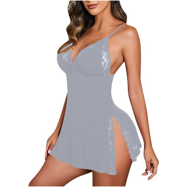 HongQid Women's Solid Color Splicing Hollow Slit Nightdress