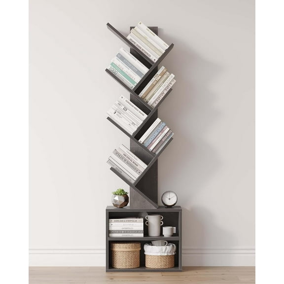 6 Tier Tree Bookshelf, Tall Bookcase with Storage Cabinet, Modern Narrow Bookshelves Organizer, Floor Standing Book Shelf for Bedroom/Living Room/Home Office/Corner, Grey