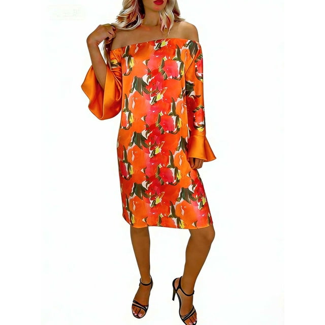 Vestido Estampado Fuera Del Hombro con Escote Elástico en Tela Elástica de Poliéster para Fiestas, Vacaciones Y Uso Cotidiano Informal