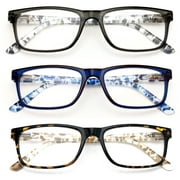 3 Pairs Lightweight Spring Hinge Tile Design Rectangular Reading Glasses - Clear Lens Reader Men Women 7014 +2.50