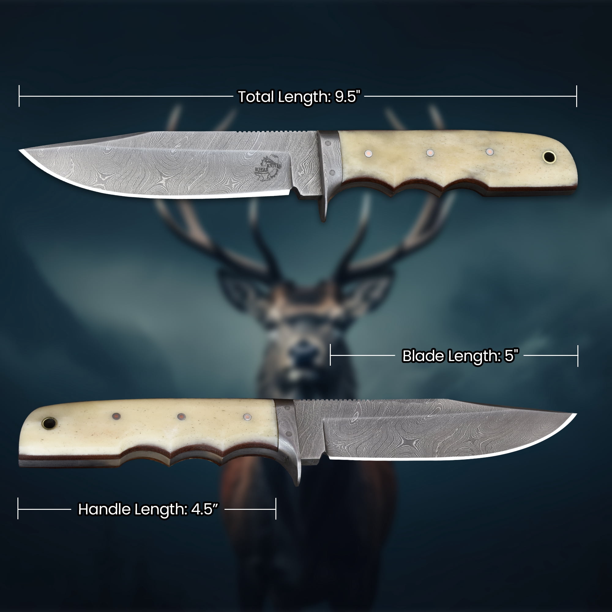 Knives Ranch 2151 Damascus Steel Hunting Knife with Bone Handle – Fixed Blade Utility Knife, Razor Sharp Camping & Outdoor EDC Knife