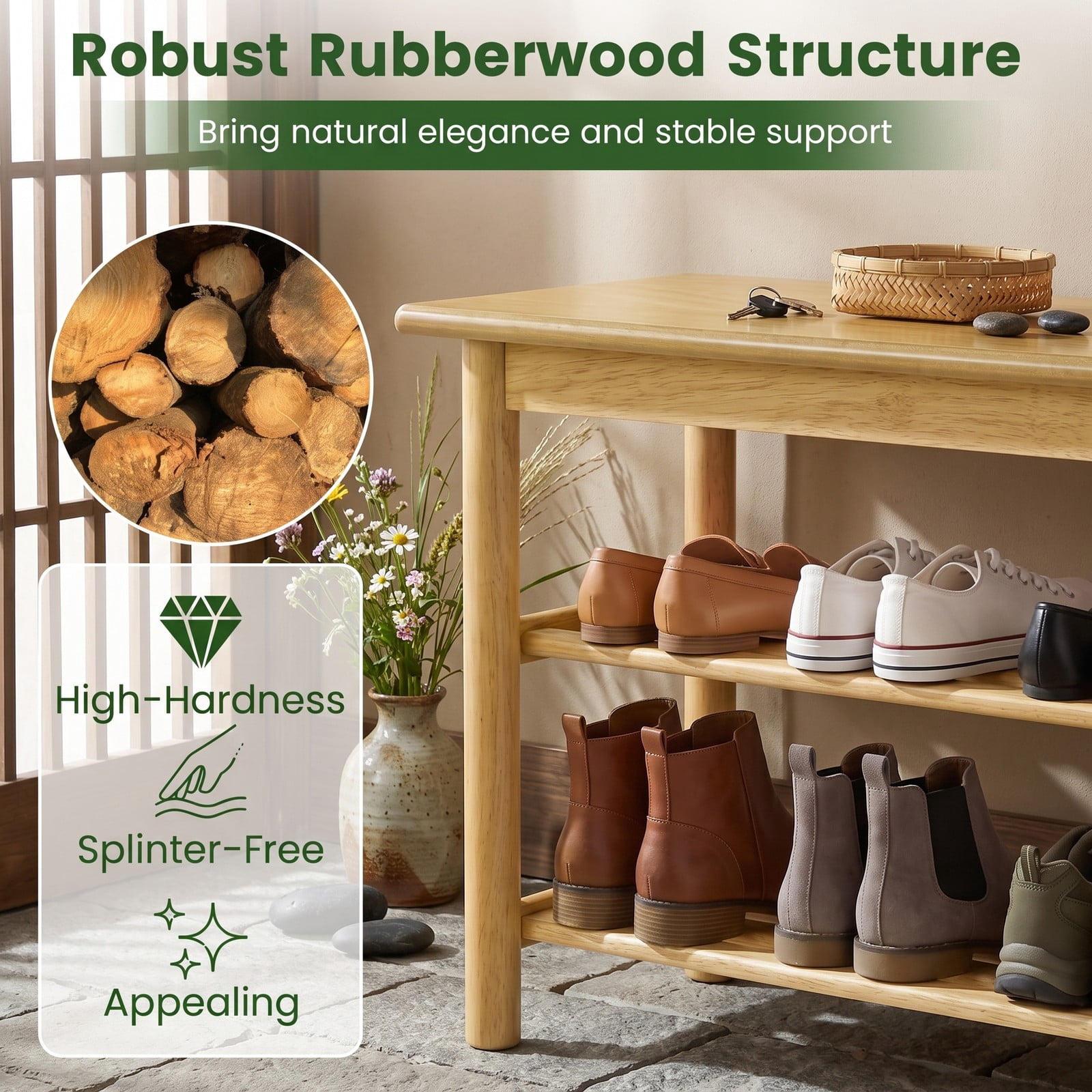 Furnibear 3-Tier Rubberwood Shoe Rack Bench with Wide Seat and Slatted Storage Shelves for Entryway Bedroom and Living Room, Natural