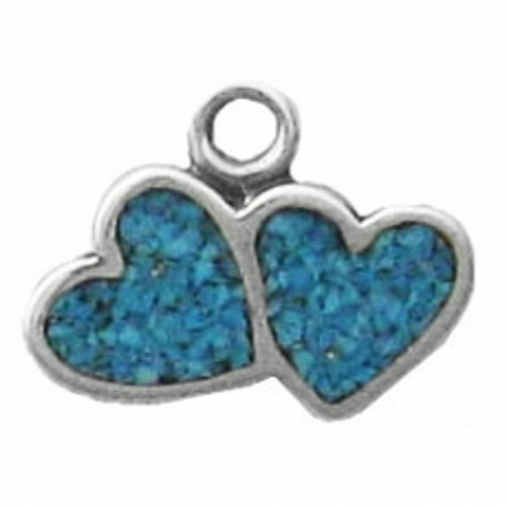 Sterling Silver 30" 1mm Box Chain Double Heart Blue Turquoise Chips Inlay Pendant Necklace