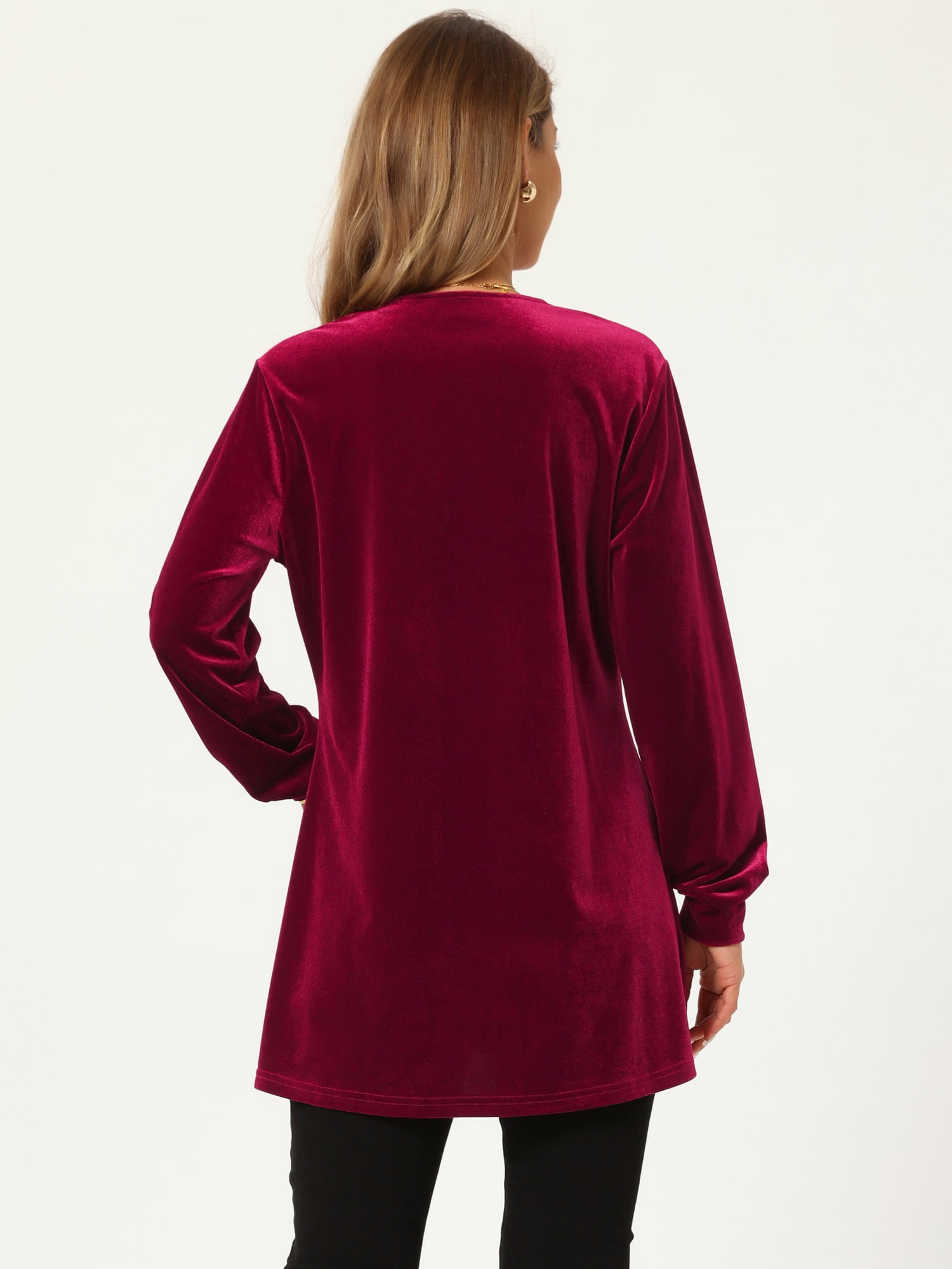 DARING DIVA Women's Velvet Top V Neck Long Sleeves Loose Blouse L Red
