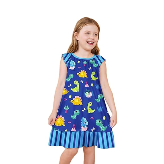 Gunia Girls Nightgowns Summer Dresses Cute Animal Print Sleeveless Loose Fit Cartoon Casual Playwear Age 3-10 Years Homewear Toddler Girl Dress Pajamas,Blue 3-4 Years