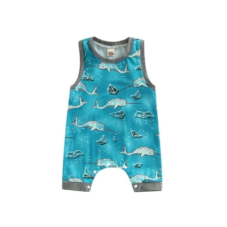 

Lamuusaa Newborn Sleeveless Patchwork Edge Romper Marine Animals Printed Round Neck Snap Crotch Loose Fit Bodysuit