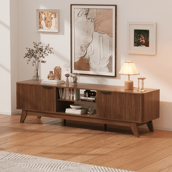 Jableast 70" Fluted TV Stand, Media Console Table with Adjustable Shelves & Power Outlet, Mid-Century Modern Entertainment Center for Living Room, Walnut