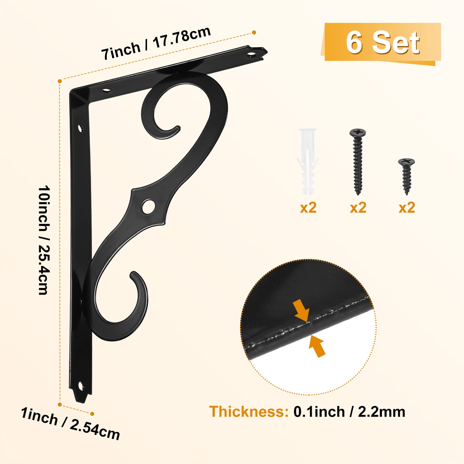 6-Pack Shelf Brackets, 10 Inch Long Iron Wall Mount Shelf Support Bracket for Home/Kitchen/DIY Decorative [Black]