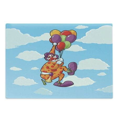 

Circus Cutting Board Clown Taken Away by His Colorful Balloons Through the Clouds in the Sky Decorative Tempered Glass Cutting and Serving Board in 3 Sizes by Ambesonne