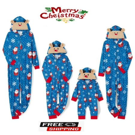 

Family Matching Clothes Christmas Sleepwear Cartoon Elk/Snowman Print Long-Sleeve Zipper Hood One-Piece Jumpsuit