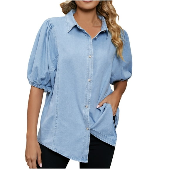 ICHUANYI Womens Summer Button Down Shirts Short Puff Sleeve Blouses V Neck Casual Plaid Solid Loose Tops
