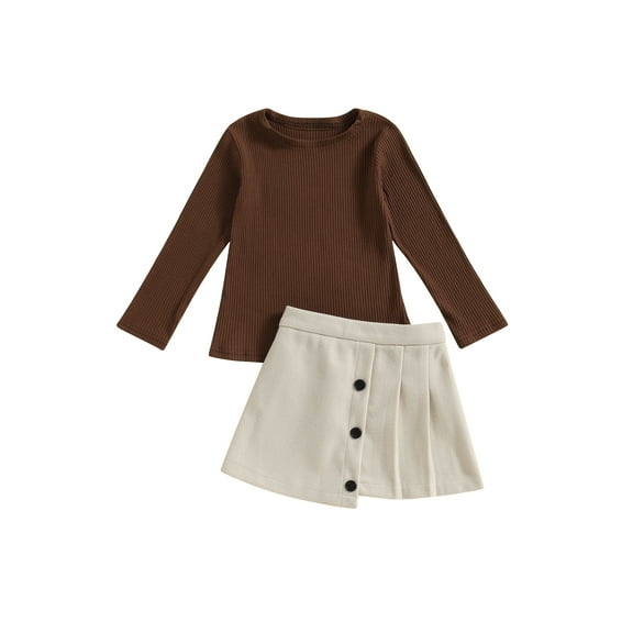 Wassery Toddler Kids Girl 2 Piece Skirt Set Solid Color Long Sleeve Ribbed sweater and Buttons Pleat A-Line Skirt 3 4 5 6 Years Little Girls Fall Clothes