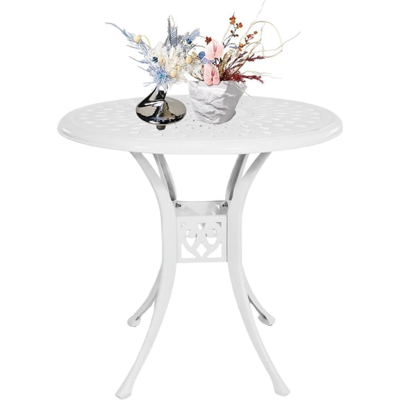 30.7" Cast Aluminum Round Patio Table,Metal Patio Dining Table with Umbrella Hole,All Weather Outdoor Bistro Dining Table for Backyard, Garden, Balcony, White