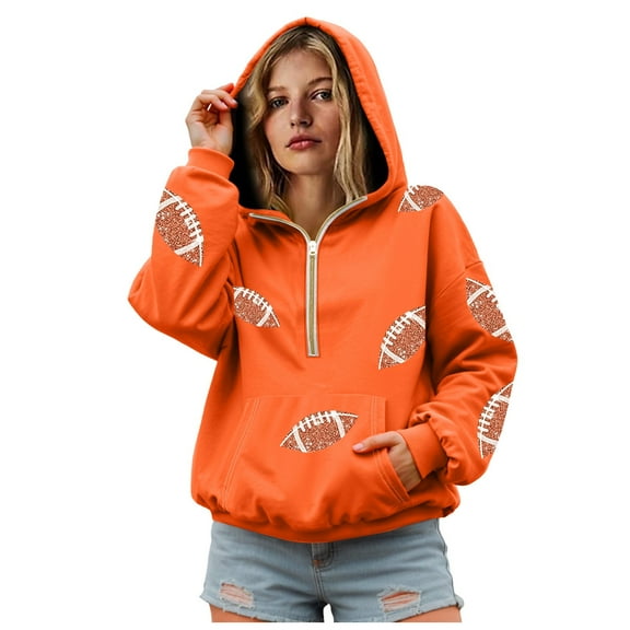 zaveiop Womens Game Day Sweatshirts Football Sequin Hoodies Tailgate Outfits Long Sleeve Zipper Sweaters with Pocket (Orange, S)