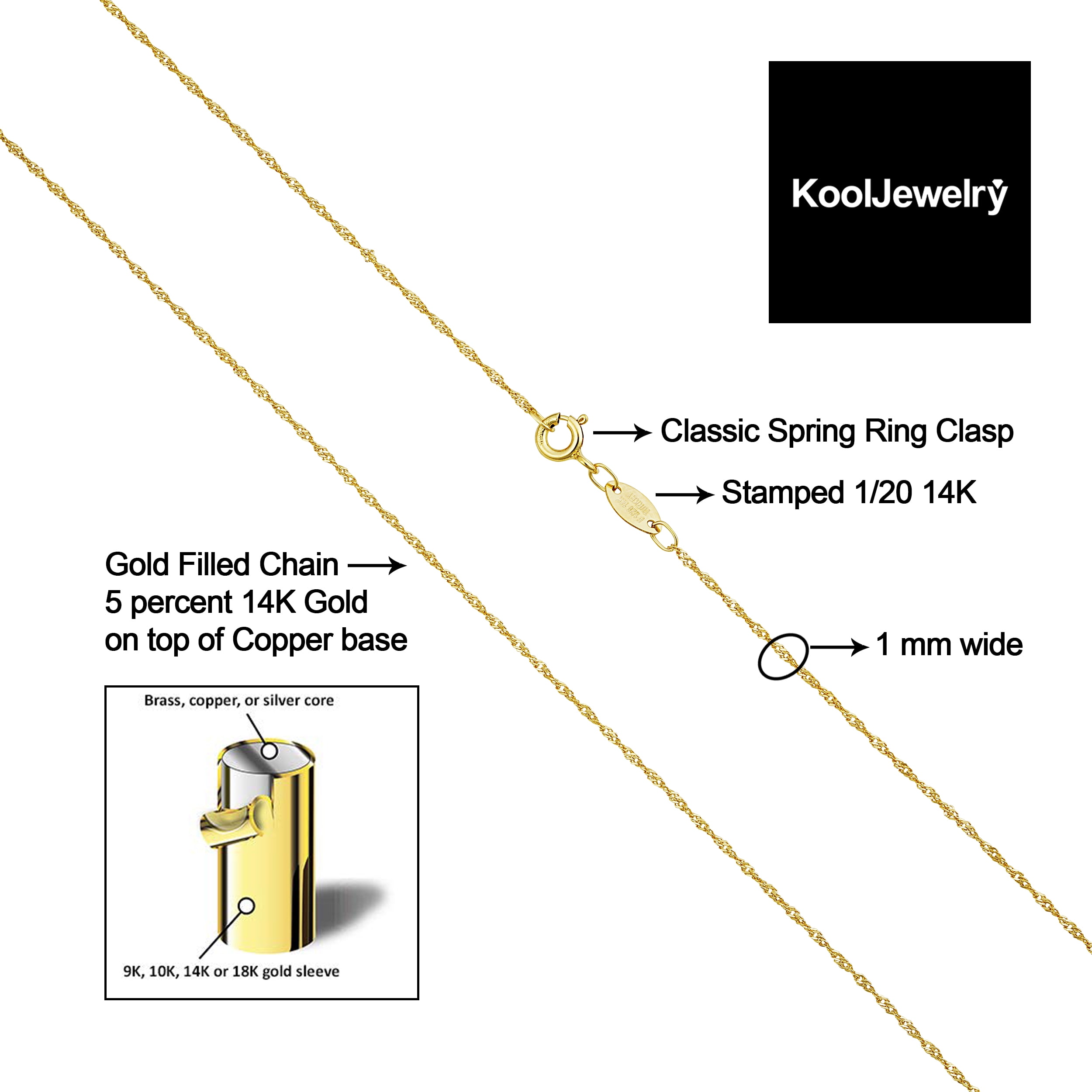KoolJewelry 14k Yellow Gold Filled Singapore Chain Pendant Necklace (1 mm, 18 inch)