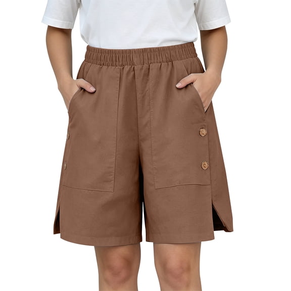 Womens Summer Shorts with Pockets 100% Cotton Cargo Style Button Detail Shorts Elastic Waist Wide Leg Bottoms